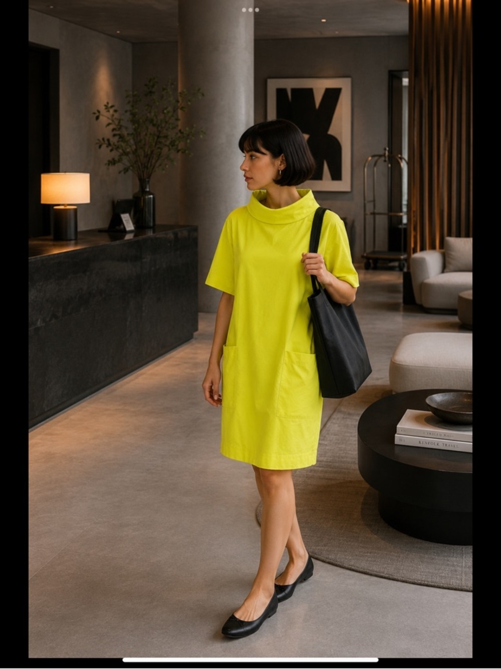 COS Chartreuse Cupro Cotton Cocoon Dress EU 34 Funnel Neck Pockets